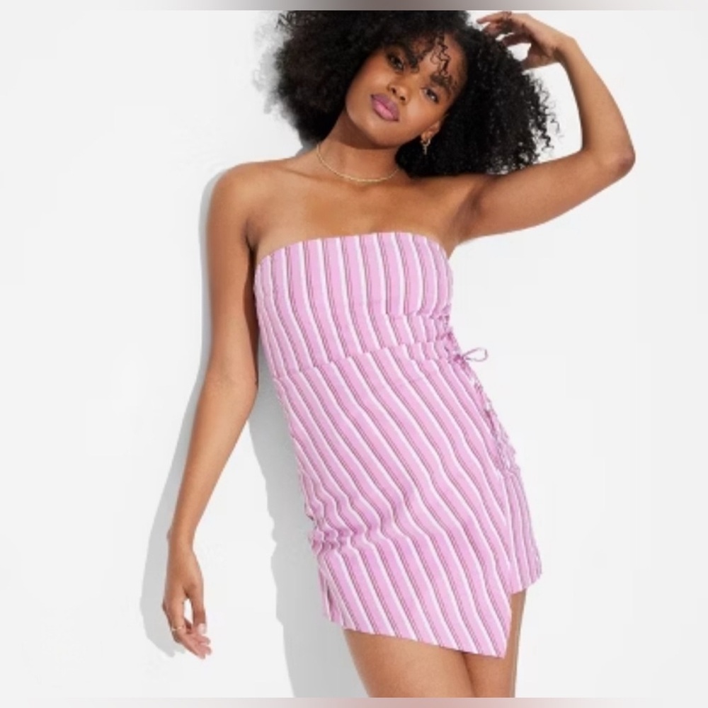 Wild Fable Women's ButterBliss Mini Skater Dress Pink Gingham Striped Strapless
